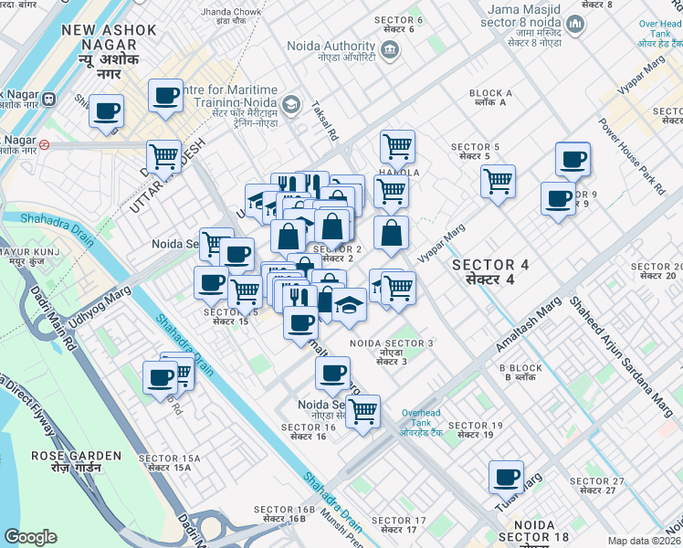 map of restaurants, bars, coffee shops, grocery stores, and more near in Noida