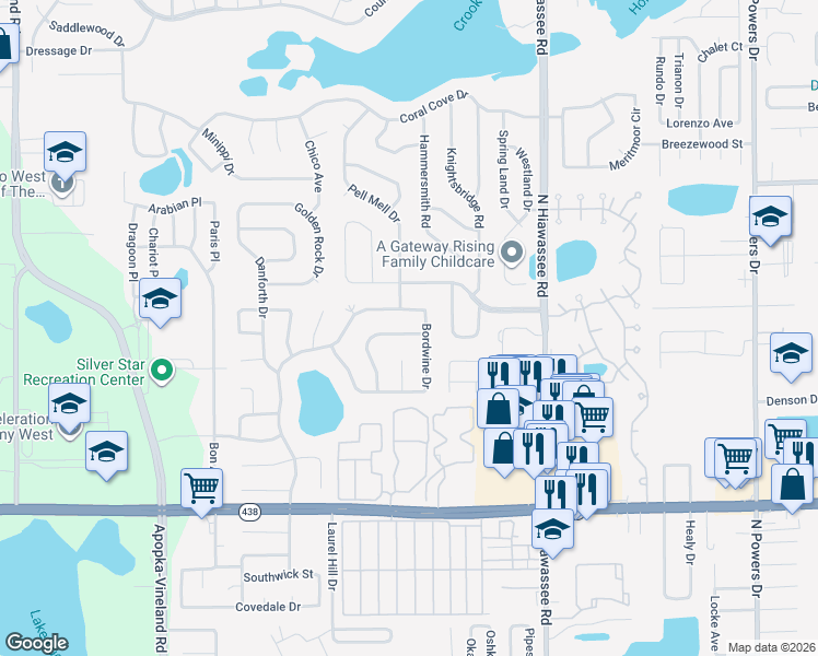 map of restaurants, bars, coffee shops, grocery stores, and more near 2930 Hickory Creek Drive in Orlando