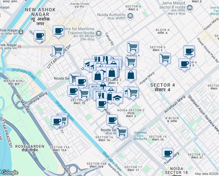 map of restaurants, bars, coffee shops, grocery stores, and more near in Noida