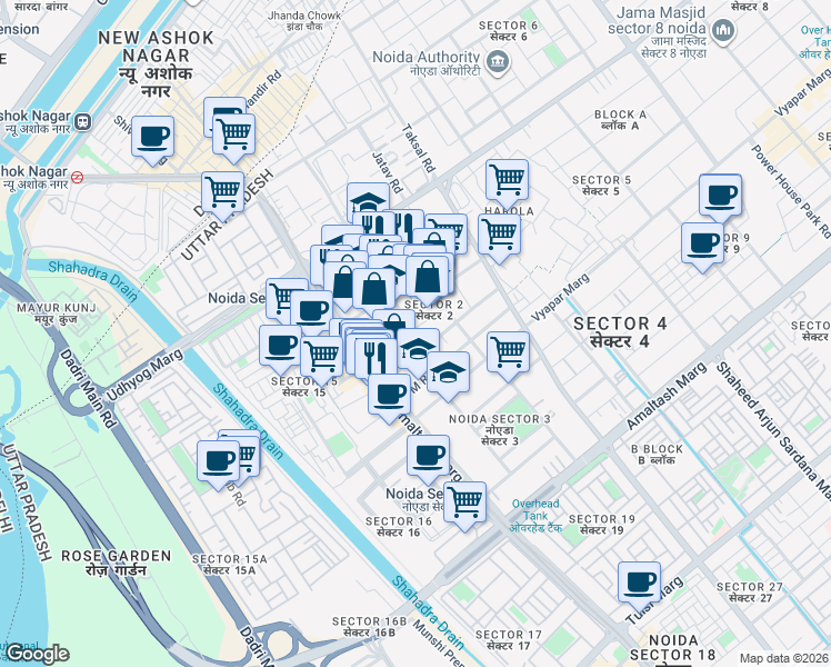 map of restaurants, bars, coffee shops, grocery stores, and more near in Noida