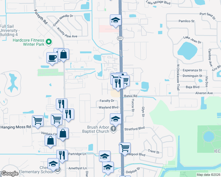 map of restaurants, bars, coffee shops, grocery stores, and more near 7341 Daniel Webster Drive in Winter Park