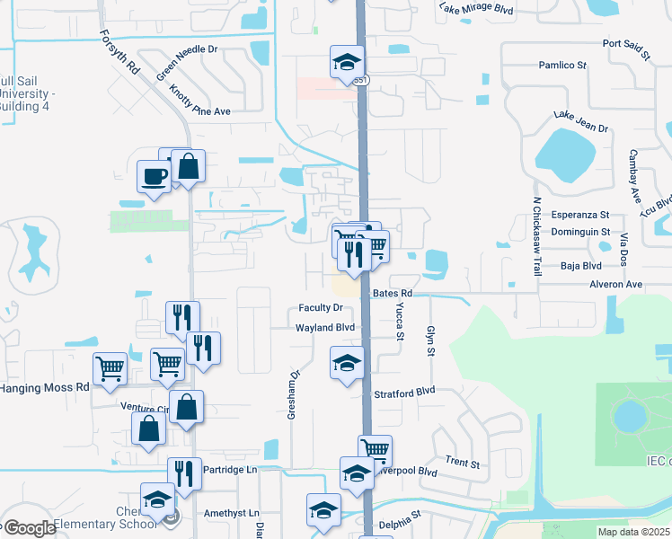 map of restaurants, bars, coffee shops, grocery stores, and more near 7341 Daniel Webster Drive in Winter Park