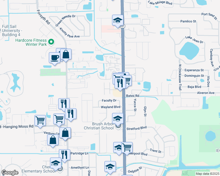 map of restaurants, bars, coffee shops, grocery stores, and more near 7341 Daniel Webster Drive in Winter Park