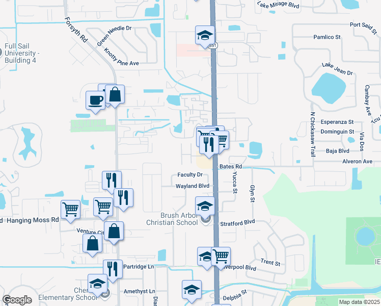 map of restaurants, bars, coffee shops, grocery stores, and more near 7341 Daniel Webster Drive in Winter Park