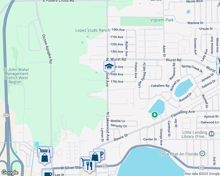 map of restaurants, bars, coffee shops, grocery stores, and more near 128 Laurel Ridge Avenue in Ocoee