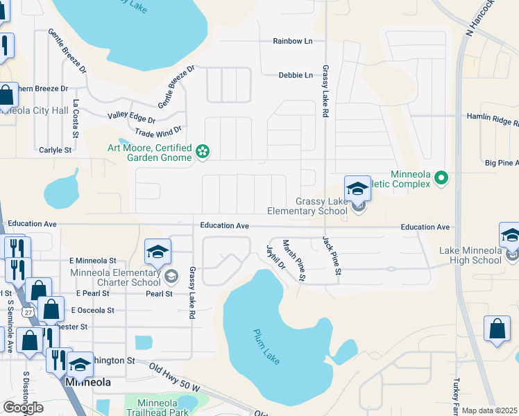 map of restaurants, bars, coffee shops, grocery stores, and more near 1607 Grouse Gap in Minneola