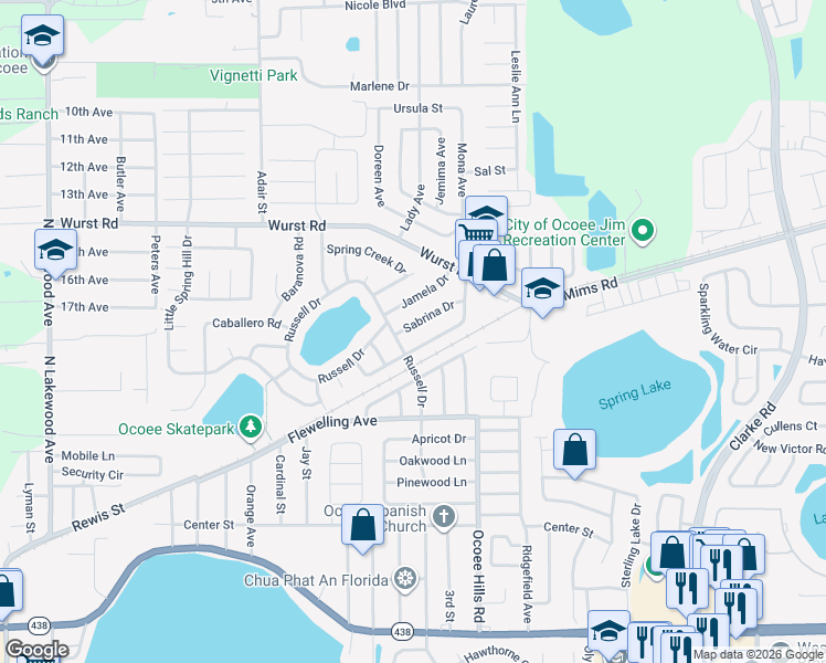 map of restaurants, bars, coffee shops, grocery stores, and more near 905 Sabrina Drive in Ocoee