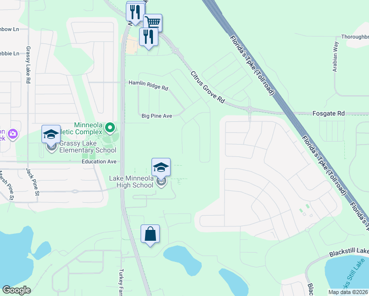 map of restaurants, bars, coffee shops, grocery stores, and more near Triple E Road in Clermont