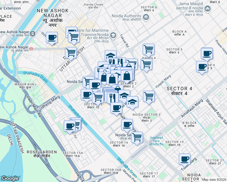 map of restaurants, bars, coffee shops, grocery stores, and more near in Noida