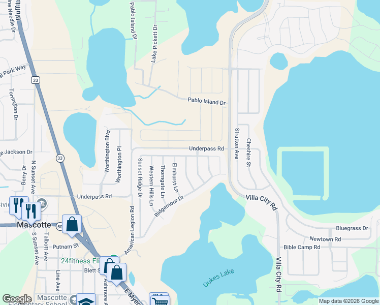 map of restaurants, bars, coffee shops, grocery stores, and more near 1845 Sunset Ridge Drive in Mascotte