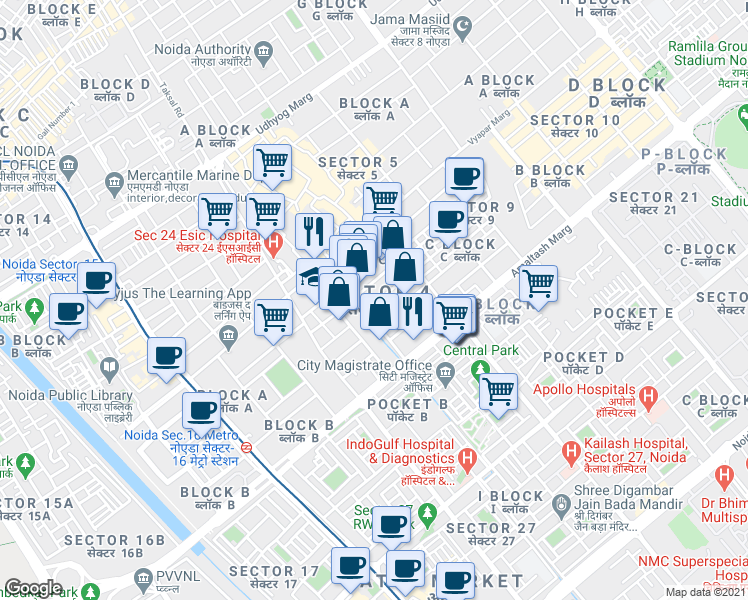 map of restaurants, bars, coffee shops, grocery stores, and more near  in Noida