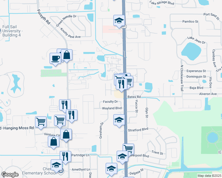 map of restaurants, bars, coffee shops, grocery stores, and more near 7313 Daniel Webster Drive in Winter Park