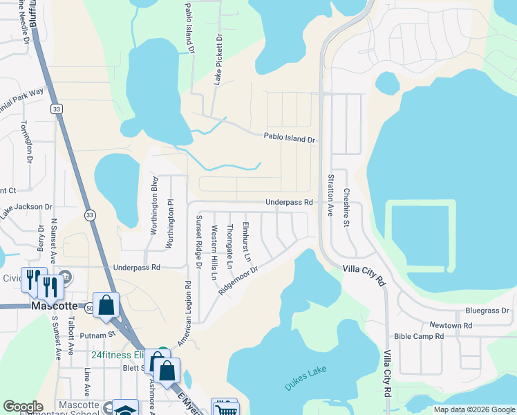 map of restaurants, bars, coffee shops, grocery stores, and more near 1845 Sunset Ridge Drive in Mascotte