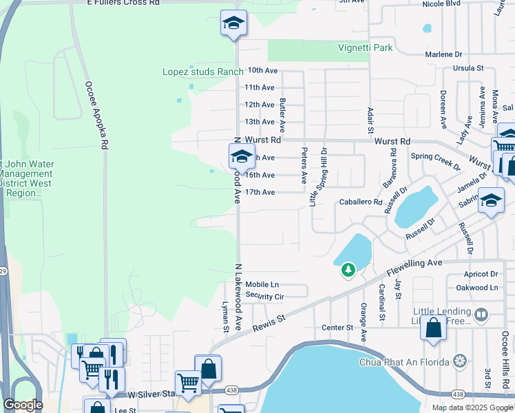 map of restaurants, bars, coffee shops, grocery stores, and more near 128 Laurel Ridge Avenue in Ocoee