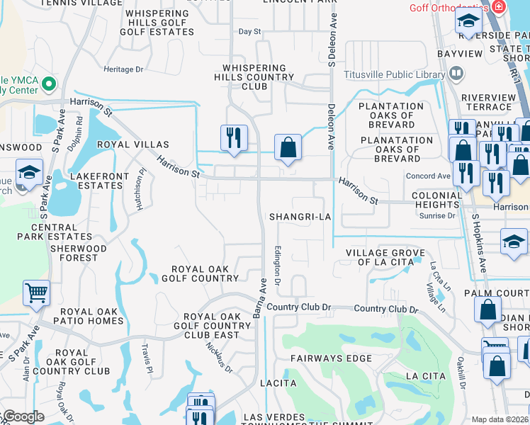 map of restaurants, bars, coffee shops, grocery stores, and more near 2755 Barna Avenue in Titusville
