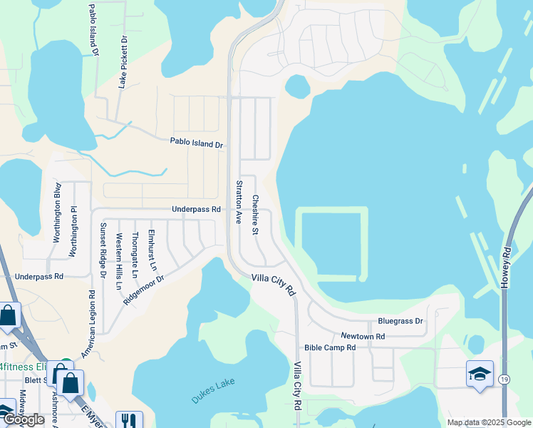 map of restaurants, bars, coffee shops, grocery stores, and more near 1002 Bluegrass Drive in Groveland