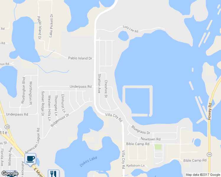 map of restaurants, bars, coffee shops, grocery stores, and more near 1002 Bluegrass Drive in Groveland