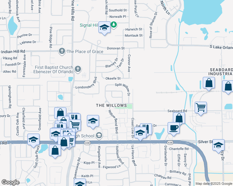 map of restaurants, bars, coffee shops, grocery stores, and more near 3236 Shady Willow Drive in Orlando