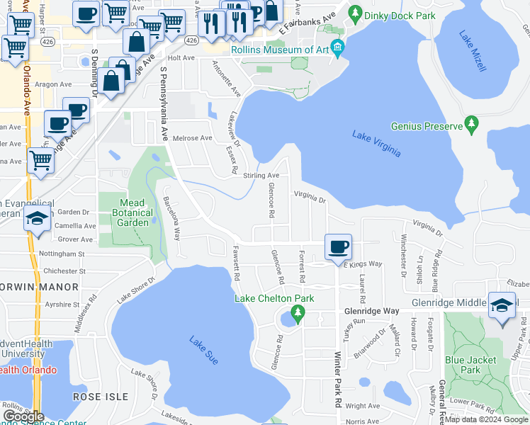 map of restaurants, bars, coffee shops, grocery stores, and more near 1555 Glencoe Road in Winter Park