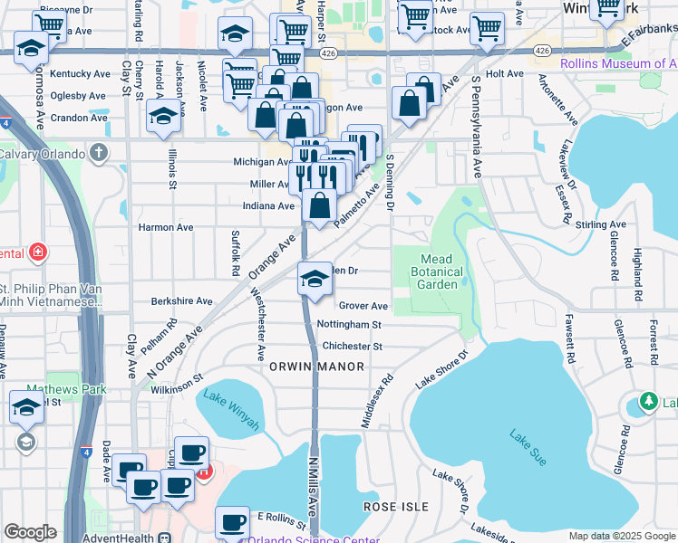 map of restaurants, bars, coffee shops, grocery stores, and more near 942 Garden Drive in Winter Park