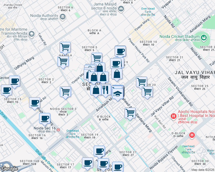 map of restaurants, bars, coffee shops, grocery stores, and more near in Noida