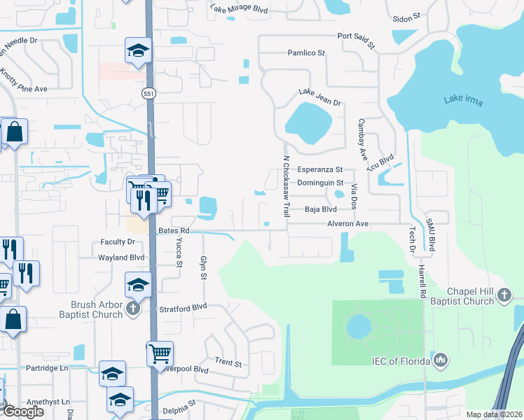 map of restaurants, bars, coffee shops, grocery stores, and more near 3152 Patel Drive in Winter Park