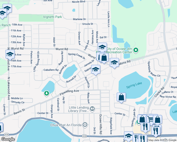 map of restaurants, bars, coffee shops, grocery stores, and more near 1001 Sabrina Drive in Ocoee