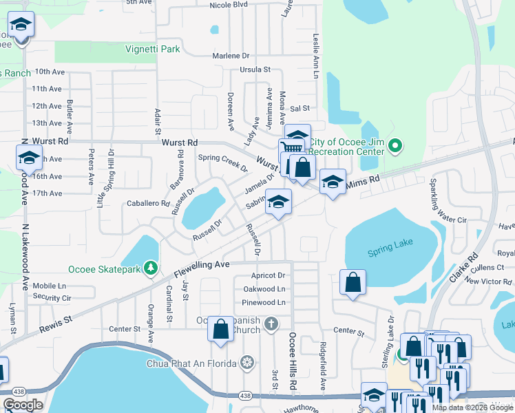 map of restaurants, bars, coffee shops, grocery stores, and more near 1001 Sabrina Drive in Ocoee