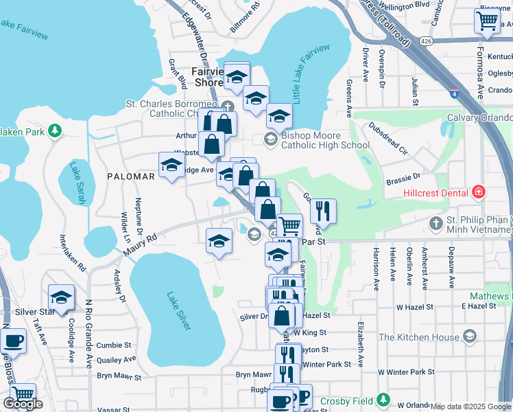 map of restaurants, bars, coffee shops, grocery stores, and more near 3457 Edgewater Drive in Orlando