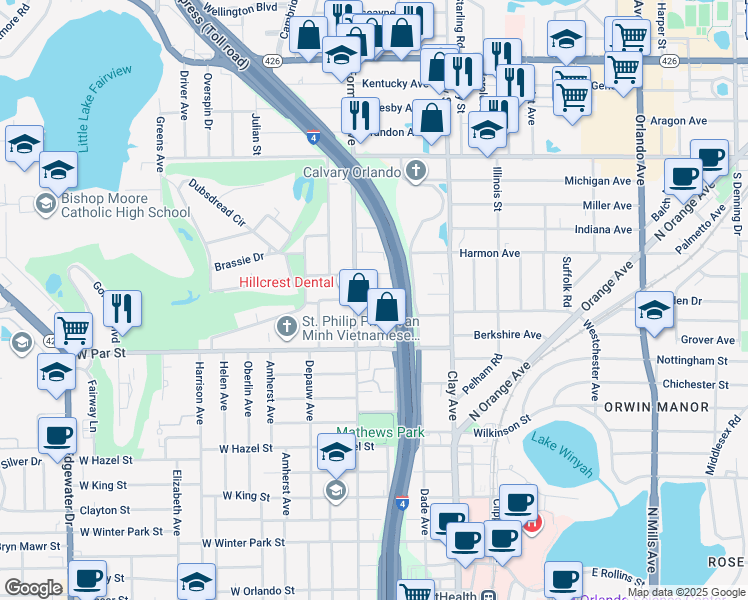 map of restaurants, bars, coffee shops, grocery stores, and more near 2012 Cornell Avenue in Winter Park