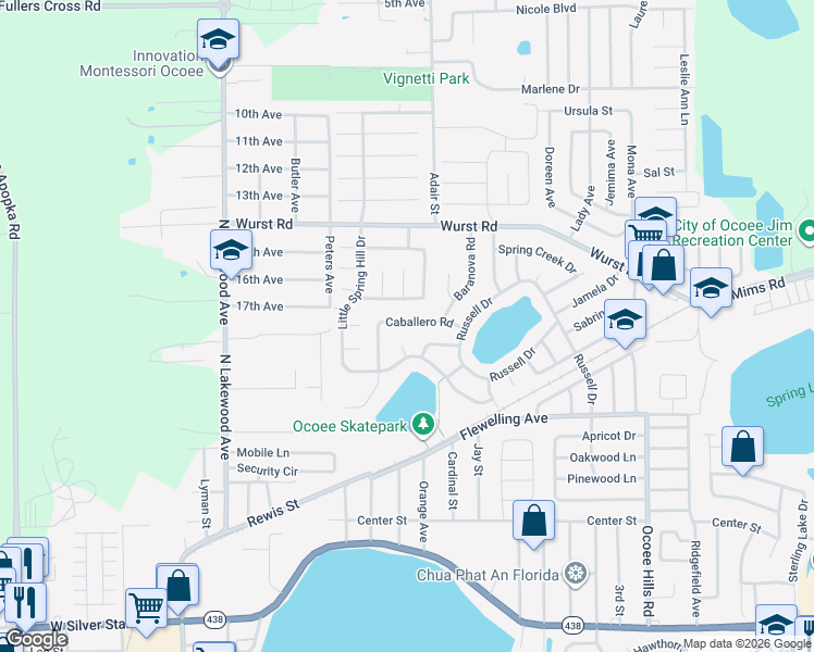 map of restaurants, bars, coffee shops, grocery stores, and more near 409 Caballero Road in Ocoee