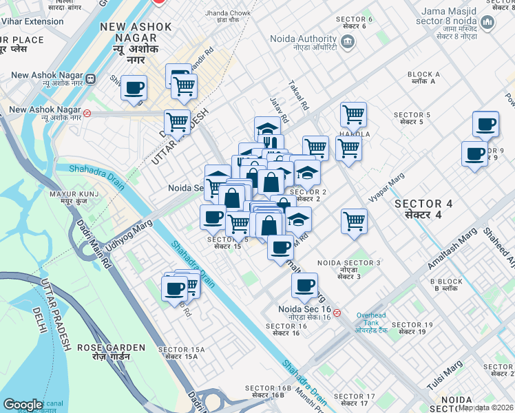 map of restaurants, bars, coffee shops, grocery stores, and more near in Noida