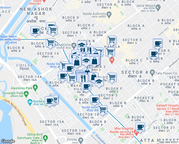 map of restaurants, bars, coffee shops, grocery stores, and more near in Noida