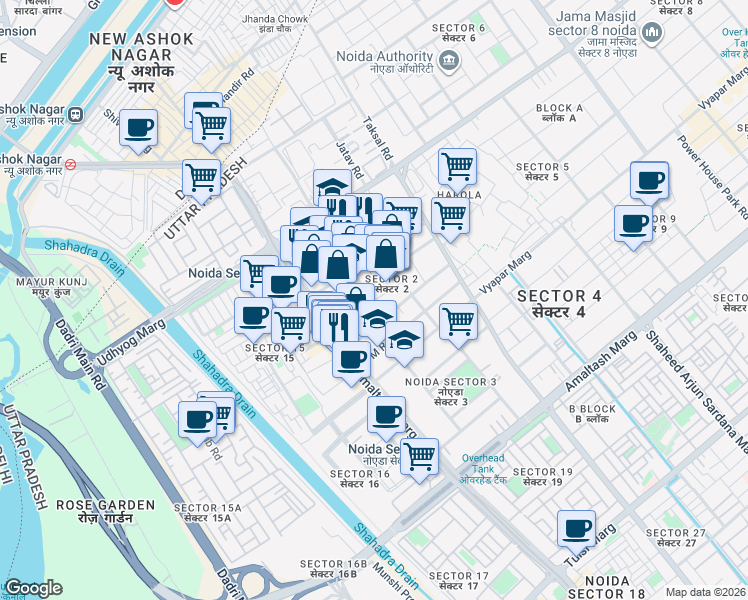 map of restaurants, bars, coffee shops, grocery stores, and more near in Noida