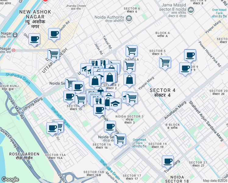 map of restaurants, bars, coffee shops, grocery stores, and more near in Noida
