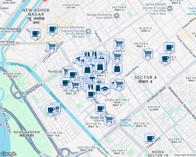 map of restaurants, bars, coffee shops, grocery stores, and more near in Noida