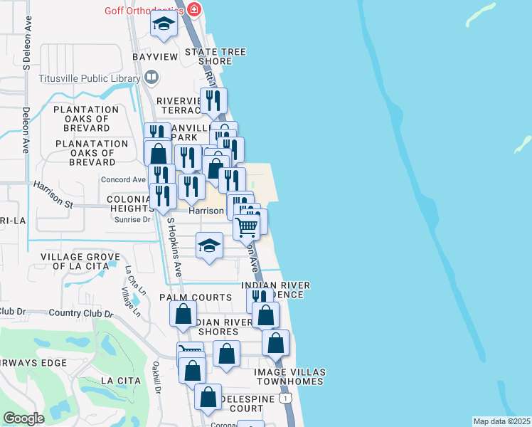 map of restaurants, bars, coffee shops, grocery stores, and more near 2709 South Washington Avenue in Titusville