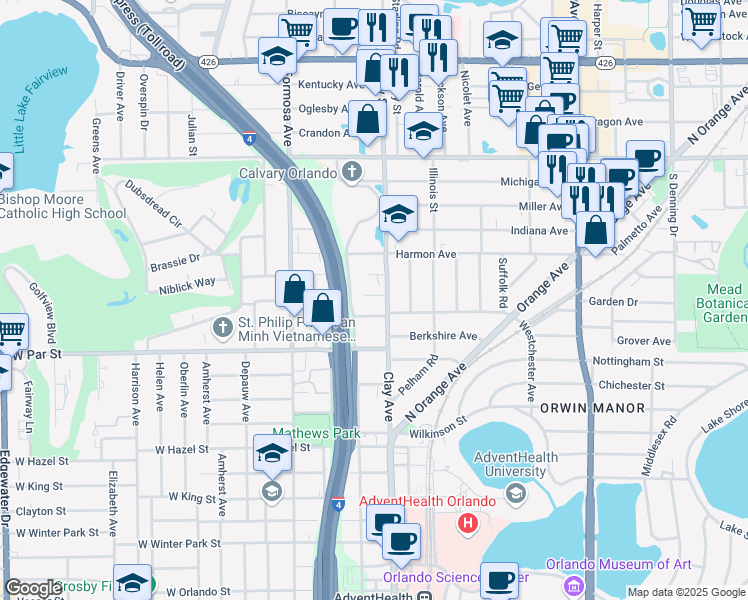 map of restaurants, bars, coffee shops, grocery stores, and more near 1415 Clay Street in Winter Park