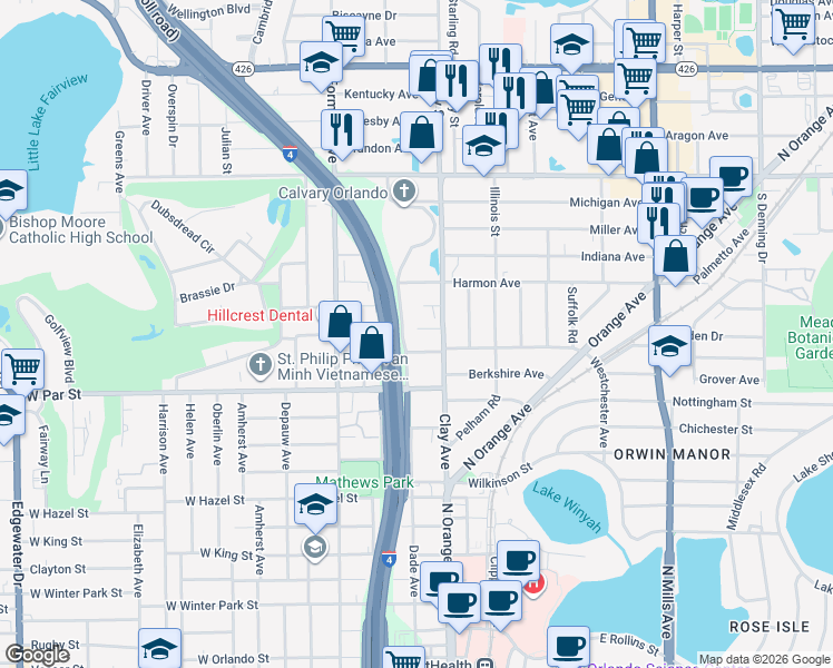 map of restaurants, bars, coffee shops, grocery stores, and more near 1415 Clay Street in Winter Park