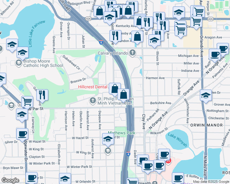 map of restaurants, bars, coffee shops, grocery stores, and more near 2012 Cornell Avenue in Winter Park
