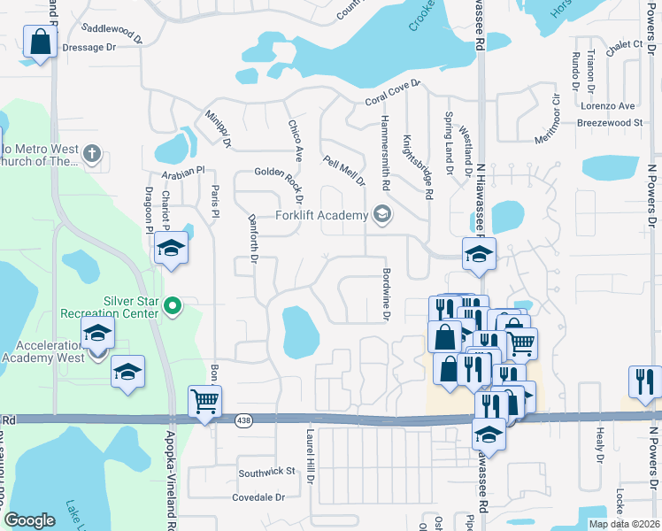 map of restaurants, bars, coffee shops, grocery stores, and more near 2864 Hickory Creek Drive in Orlando