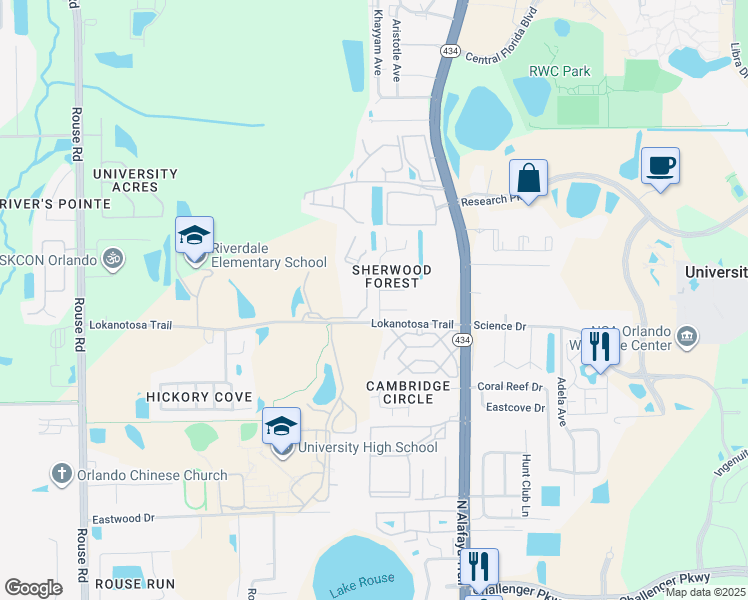 map of restaurants, bars, coffee shops, grocery stores, and more near 3120 Vishaal Drive in Orlando