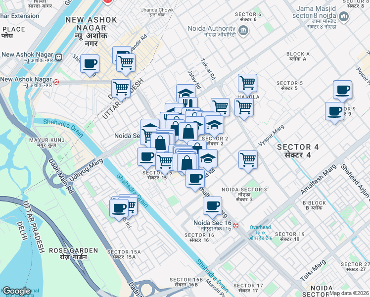 map of restaurants, bars, coffee shops, grocery stores, and more near in Noida