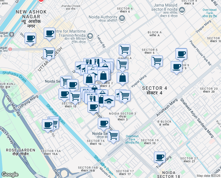 map of restaurants, bars, coffee shops, grocery stores, and more near in Noida