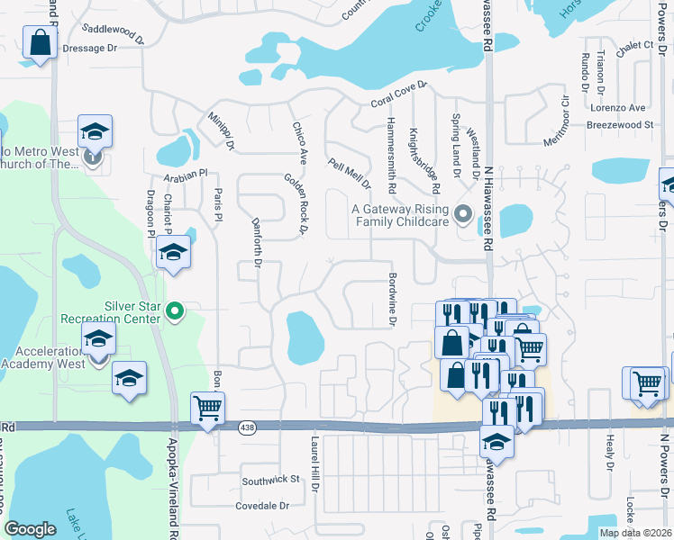 map of restaurants, bars, coffee shops, grocery stores, and more near 2864 Hickory Creek Drive in Orlando