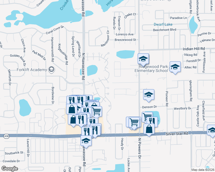 map of restaurants, bars, coffee shops, grocery stores, and more near 2747 Environs Boulevard in Pine Hills