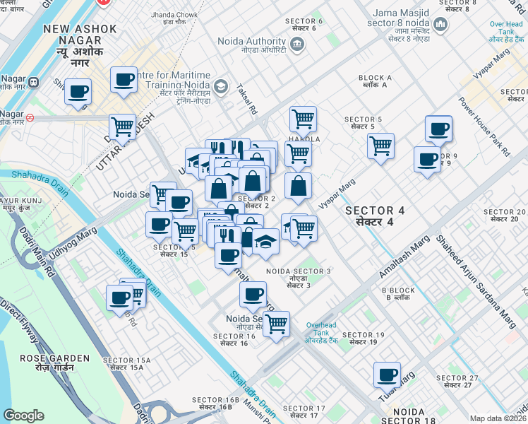 map of restaurants, bars, coffee shops, grocery stores, and more near in Noida