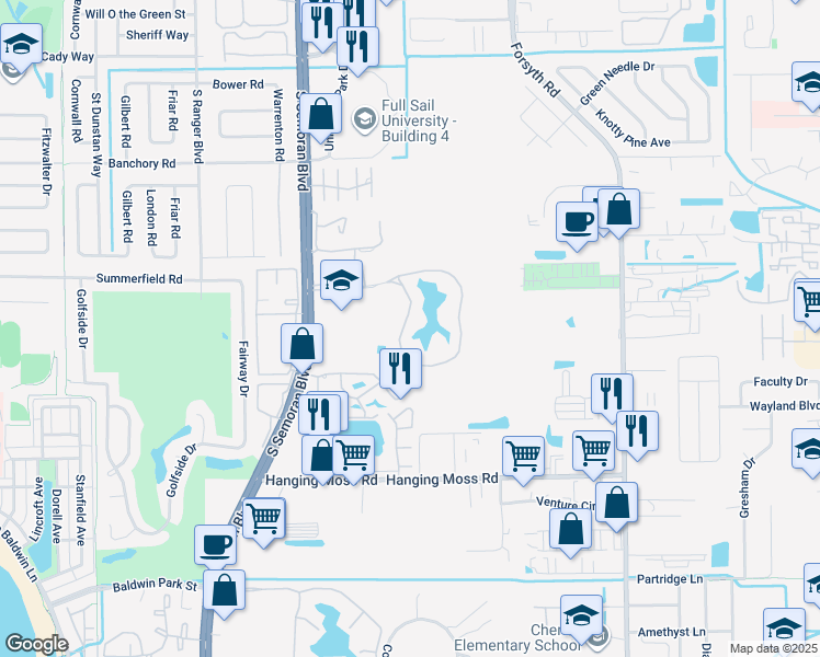map of restaurants, bars, coffee shops, grocery stores, and more near 3071 Whisper Lake Lane in Winter Park