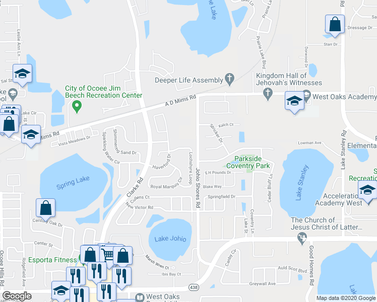 map of restaurants, bars, coffee shops, grocery stores, and more near 1914 Lochshyre Loop in Ocoee