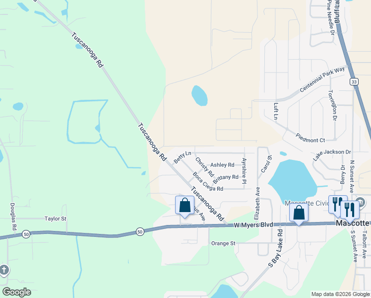 map of restaurants, bars, coffee shops, grocery stores, and more near 313 Betty Lane in Mascotte
